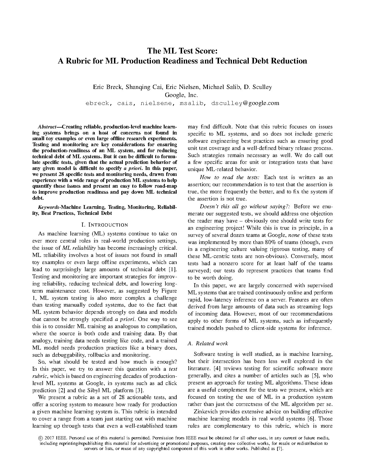 ML Test Score Rubric for Production Readiness