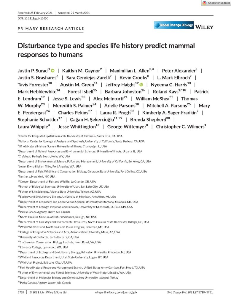 Mammal Responses to Human Disturbance by Suraci et al. 2021