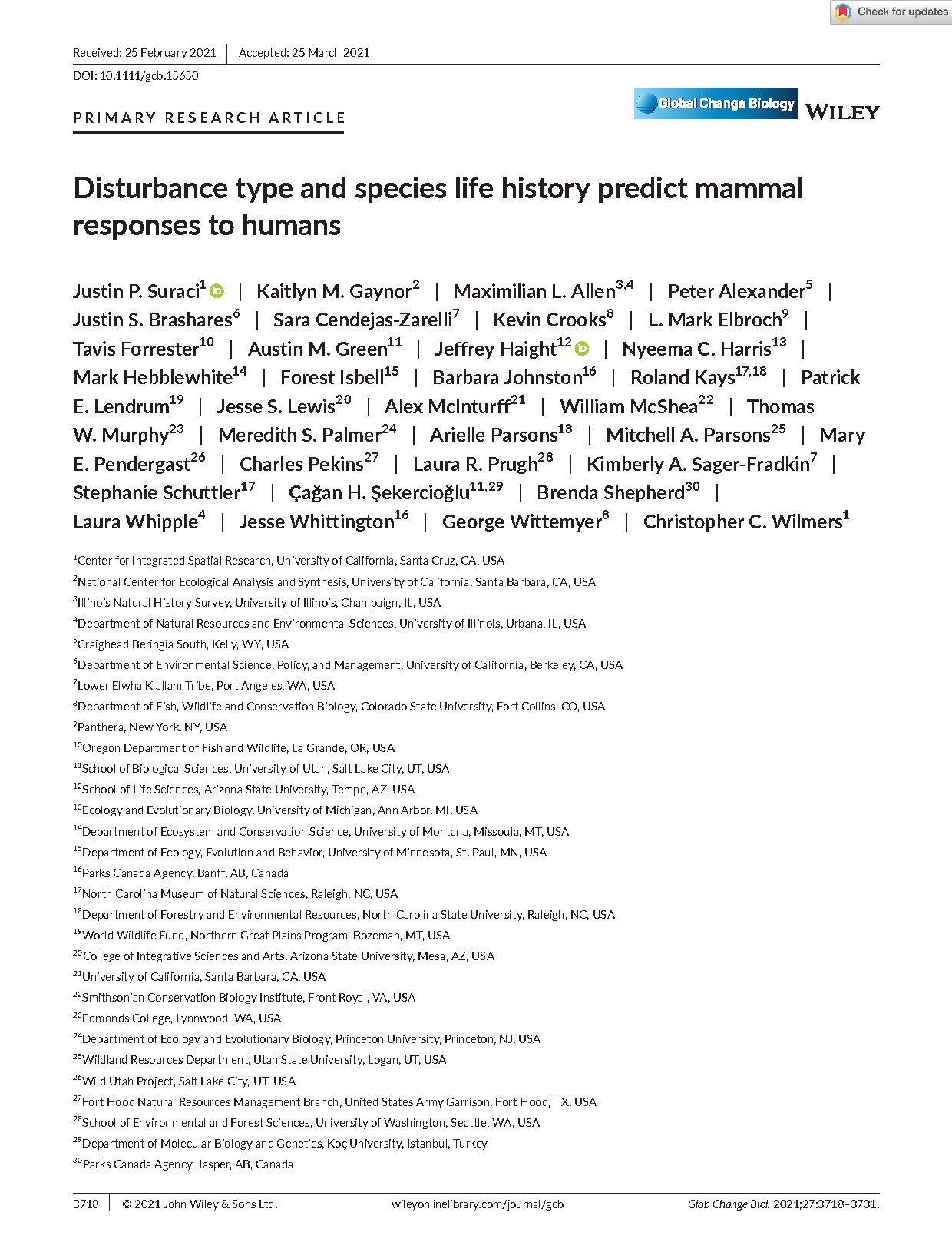 Mammal Responses to Human Disturbance by Suraci et al. 2021