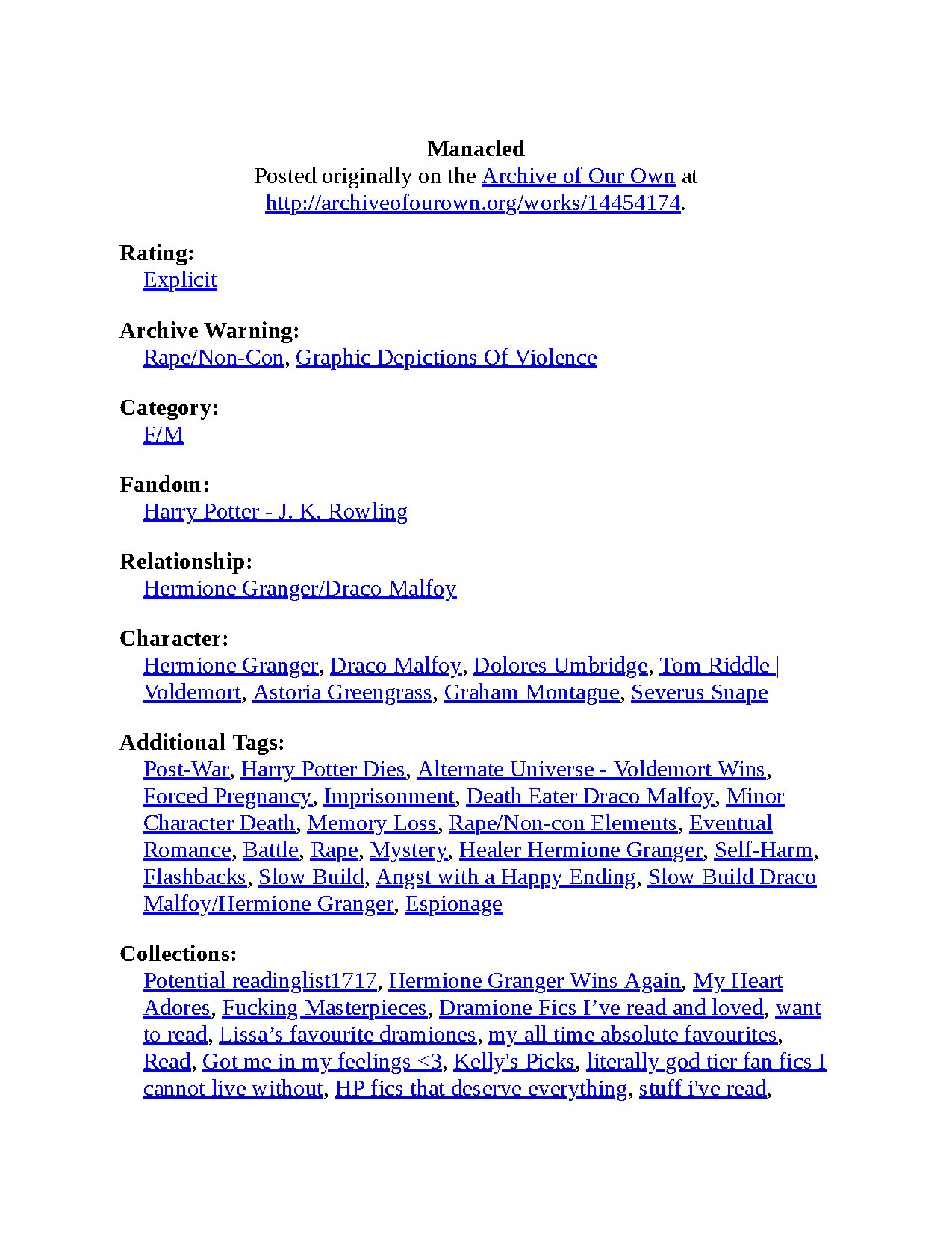Manacled by SenLinYu: A Dark Harry Potter Fanfiction