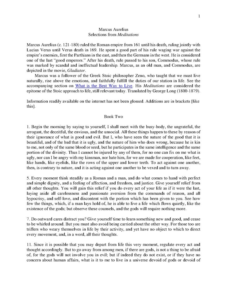 Marcus Aurelius Meditations Selections and Insights