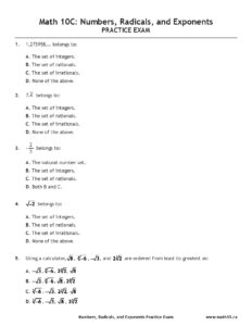 Math 10C Practice Exam on Numbers, Radicals, and Exponents