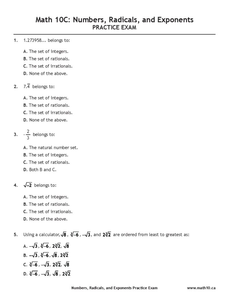 Math 10C Practice Exam on Numbers, Radicals, and Exponents