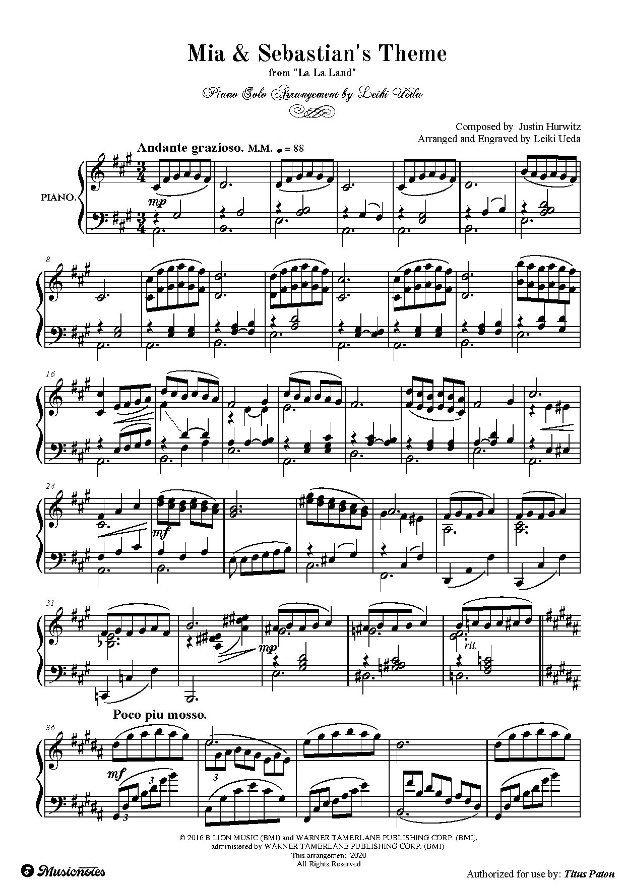 Mia & Sebastian’s Theme Piano Sheet Music