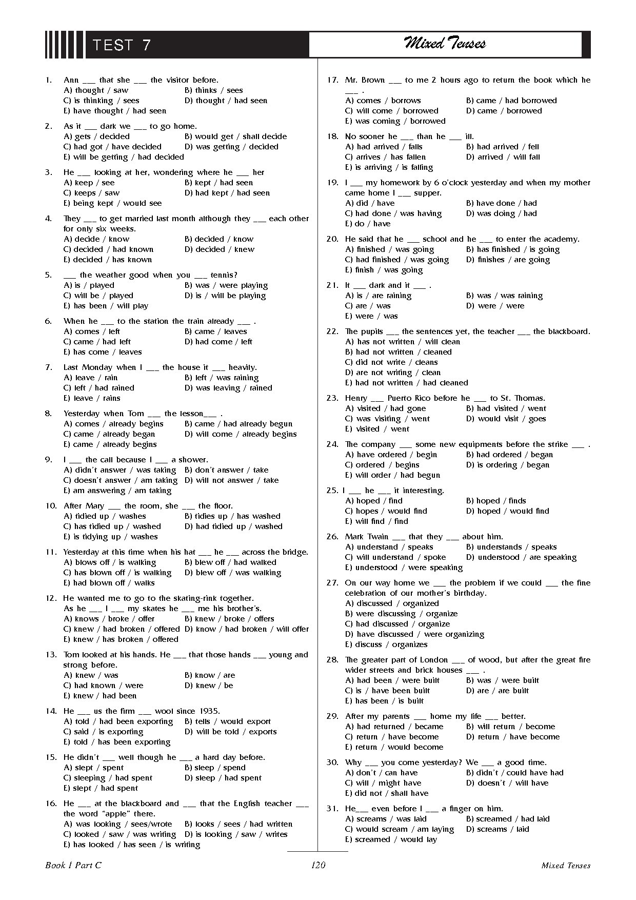 Mixed Tenses Test and Answers for English Learners