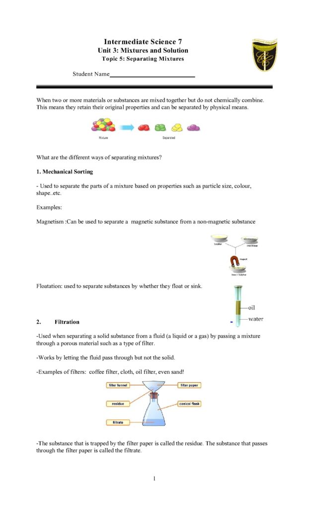 Mixtures Worksheet 5: Techniques for Separating Mixtures