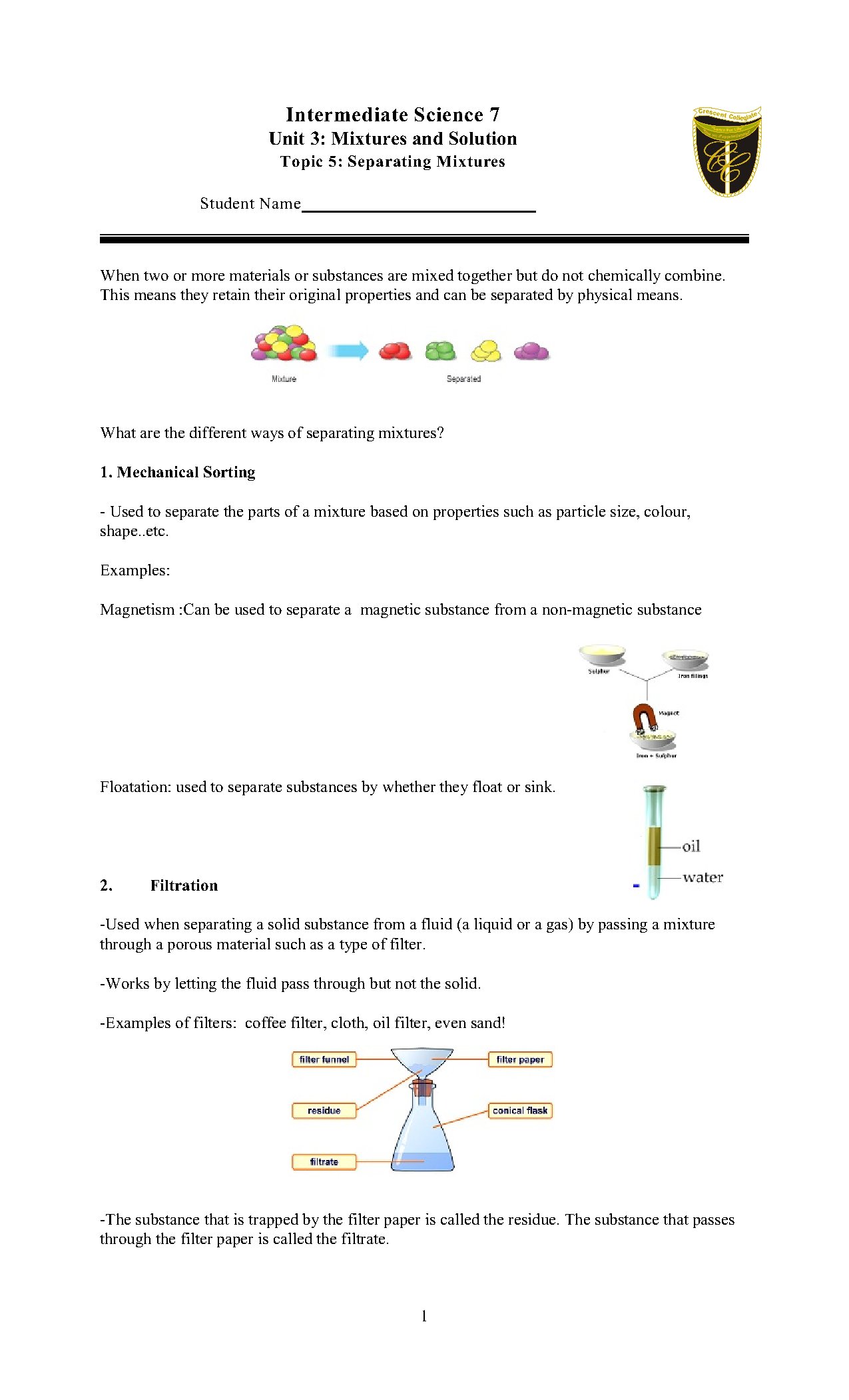 Mixtures Worksheet 5: Techniques for Separating Mixtures