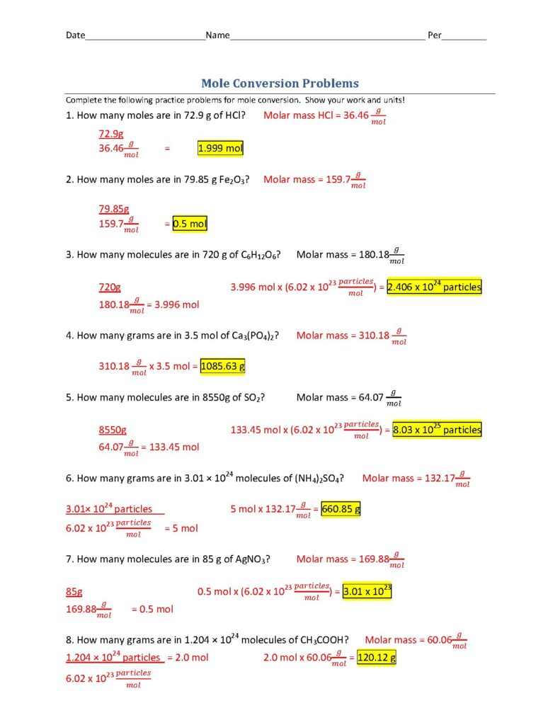 Mole Conversion Problems Key