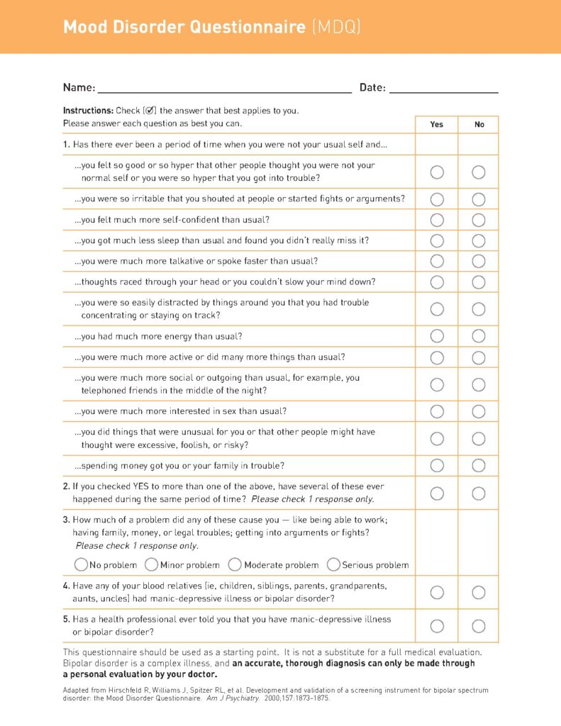 Mood Disorder Questionnaire (MDQ) Screening Tool