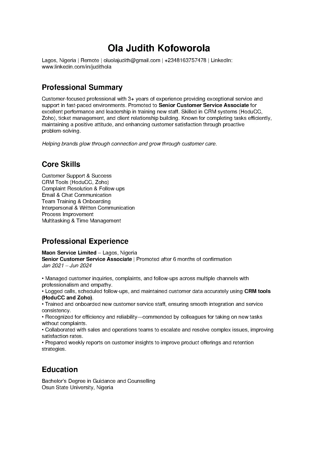 Ola Judith Kofoworola Customer Service Resume