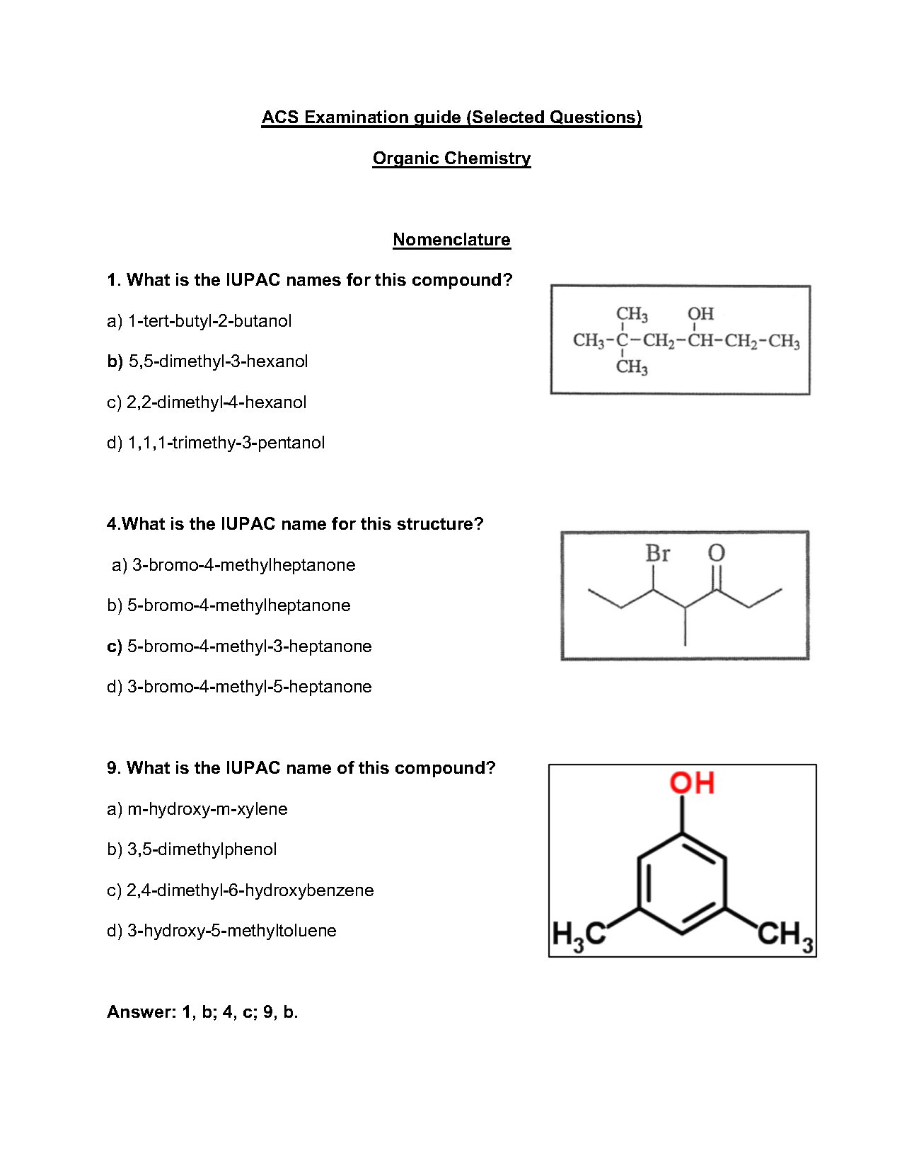 Organic Chemistry ACS Sample Questions