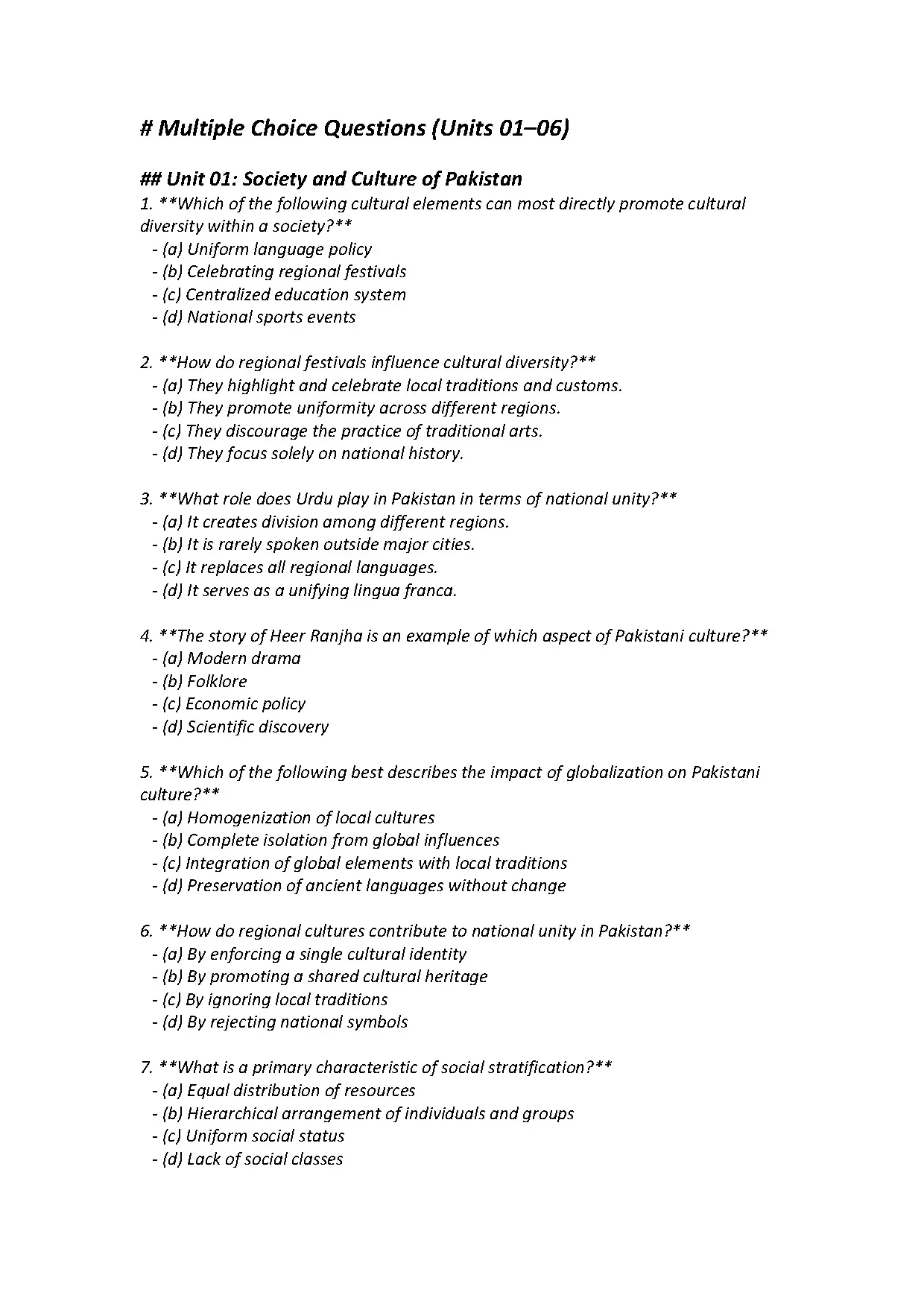 Pakistan Studies Multiple Choice Questions and Answers