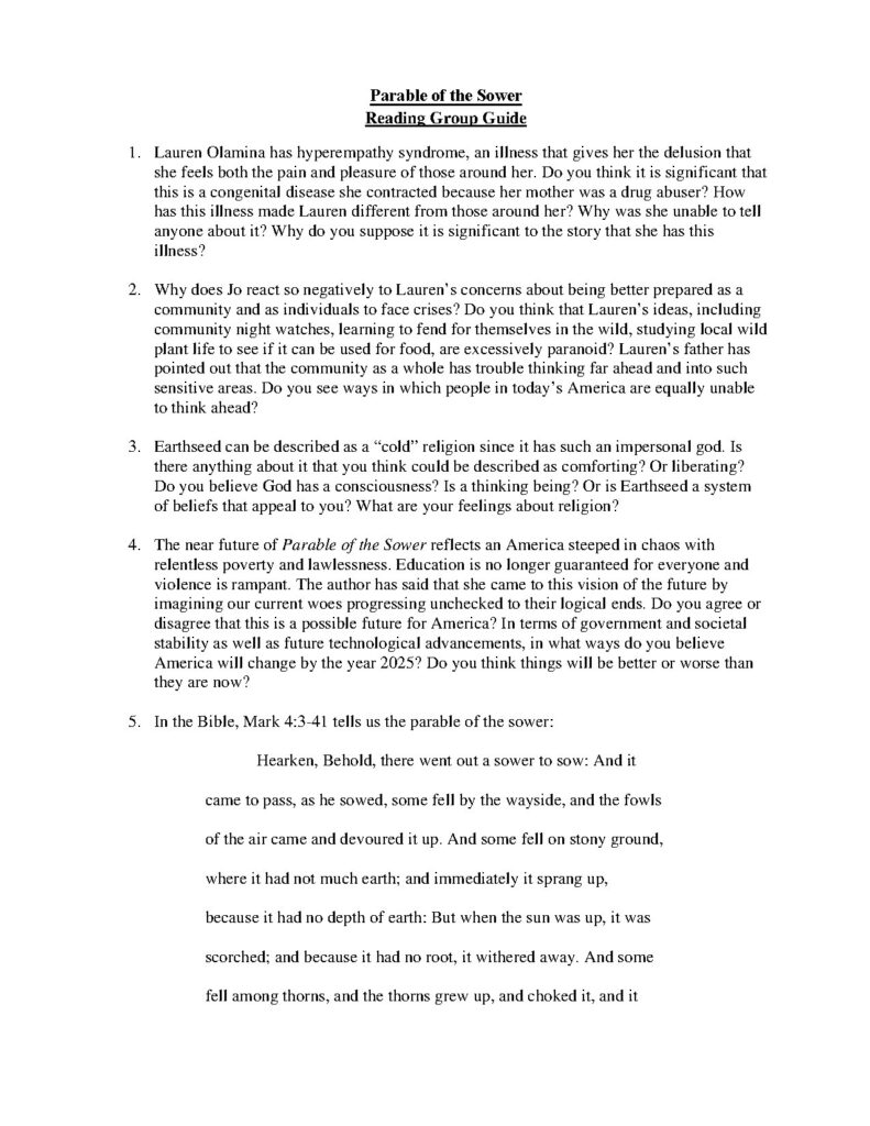 Parable of the Sower Reading Group Guide