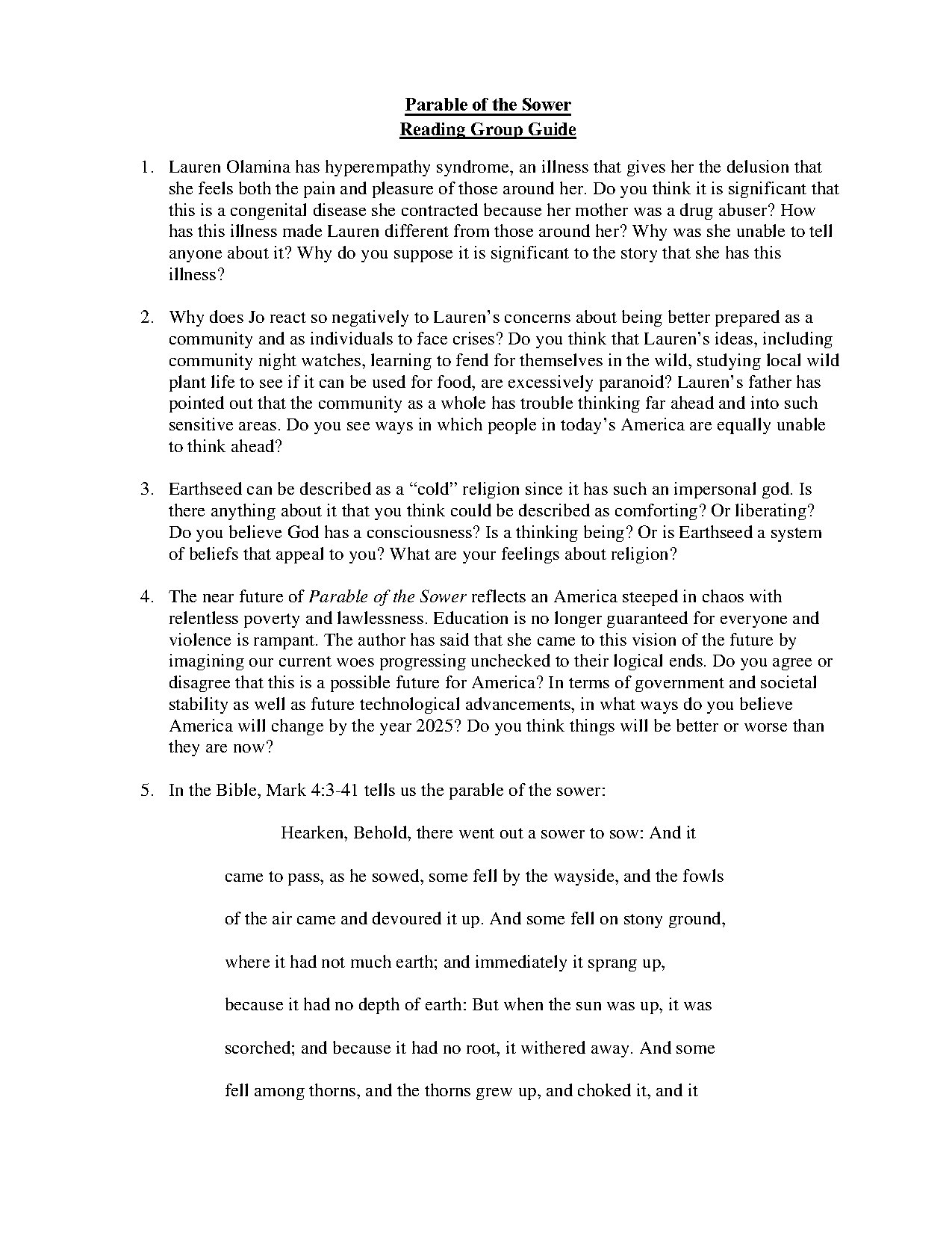 Parable of the Sower Reading Group Guide
