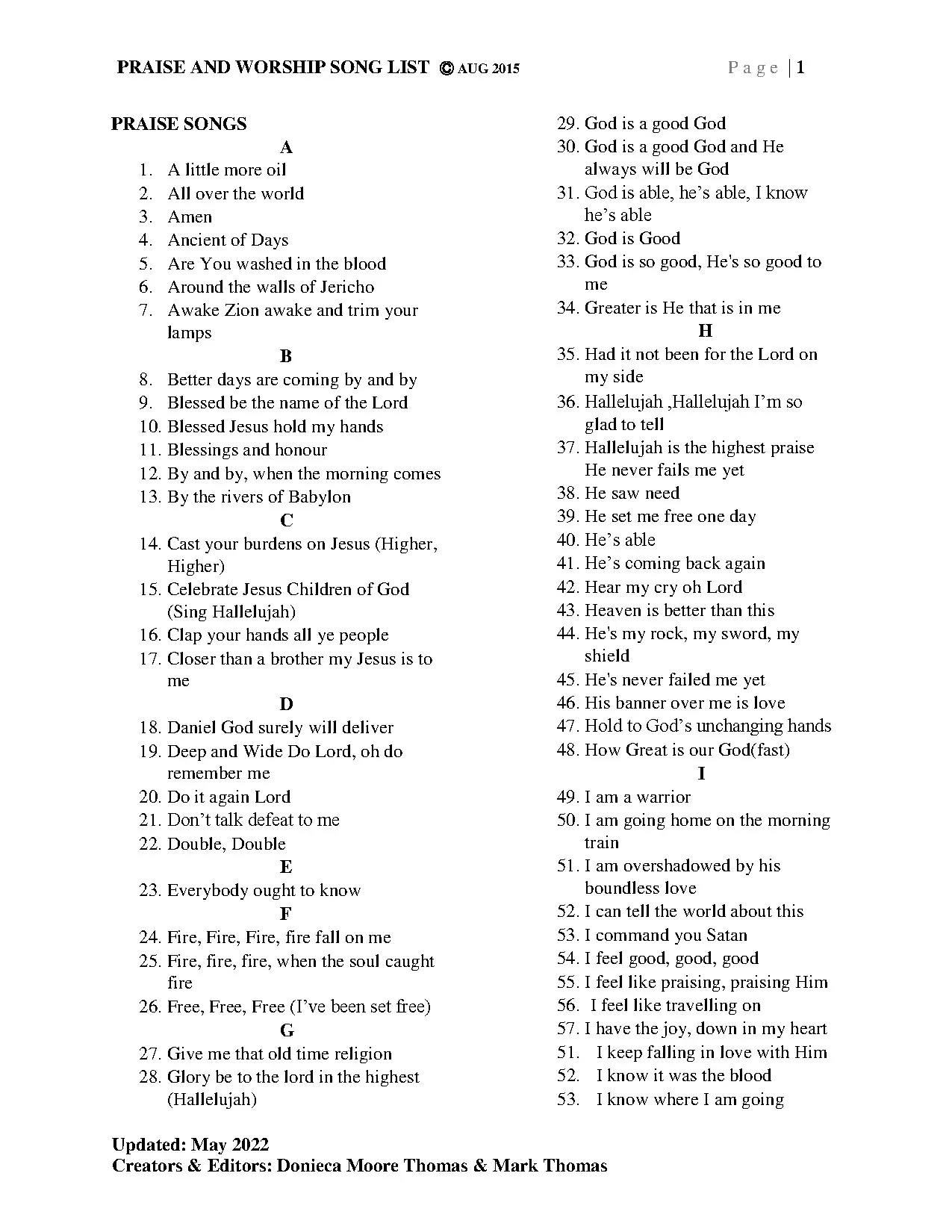 Praise and Worship Song List