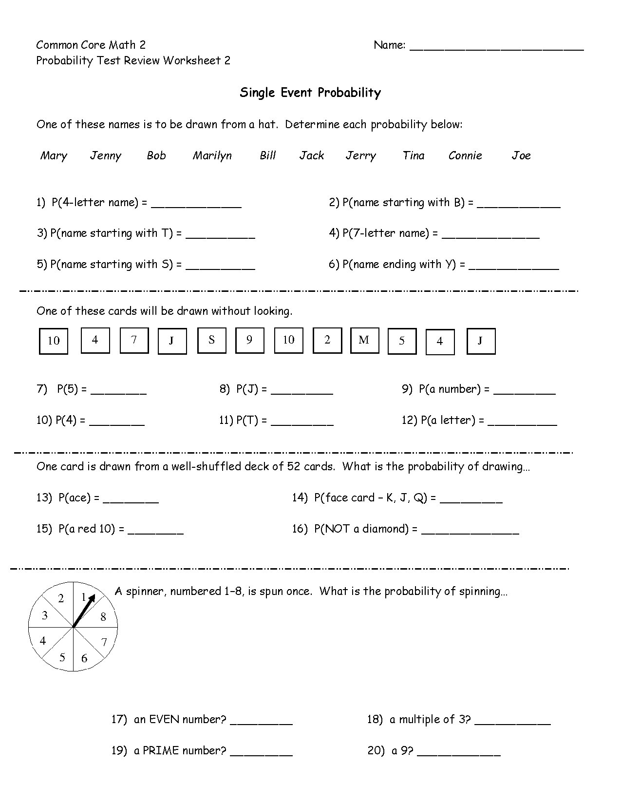 Probability Test Review Worksheet for Grade 2 Math