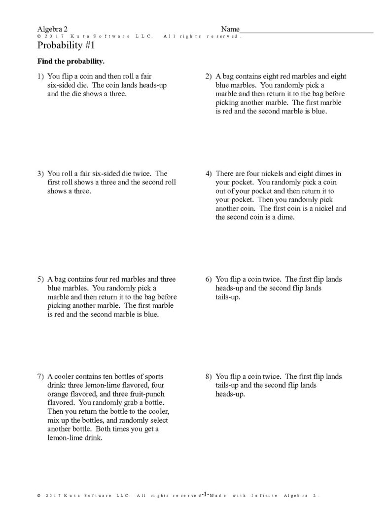 Probability Worksheet for Algebra 2 Students