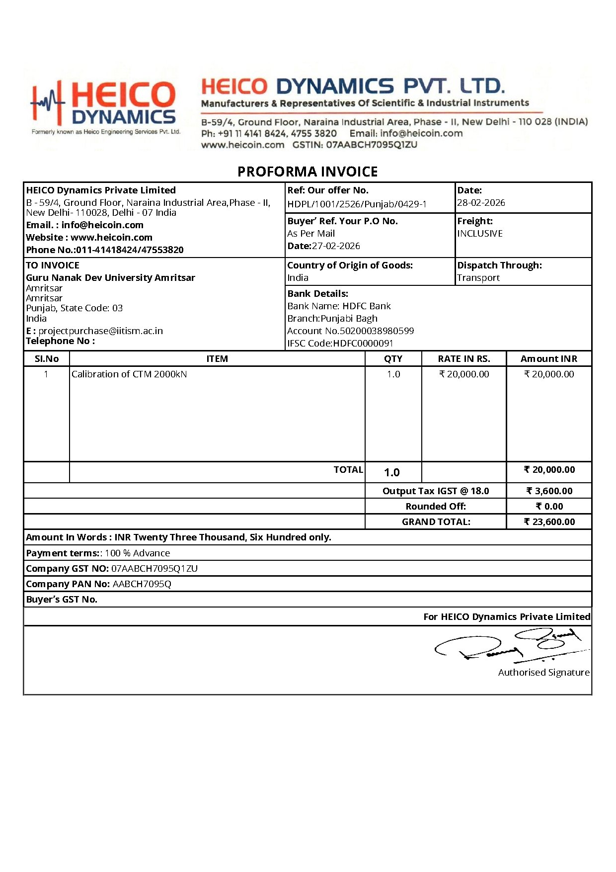 Proforma Invoice for Guru Nanak Dev University Amritsar