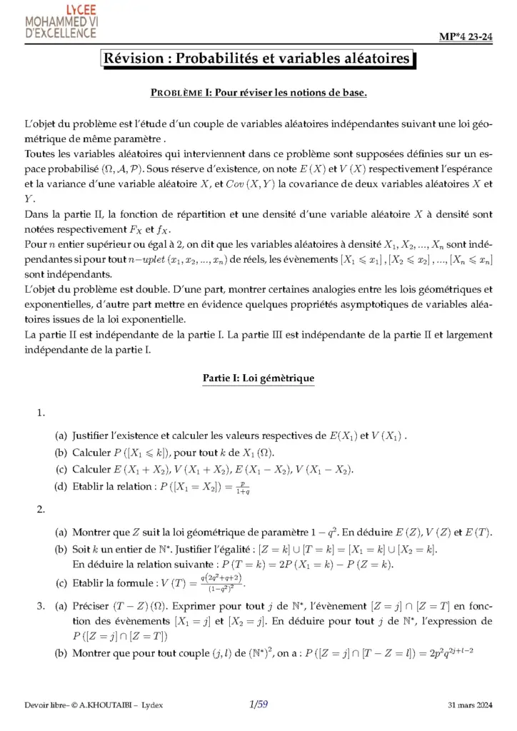 Révision des Probabilités et Variables Aléatoires