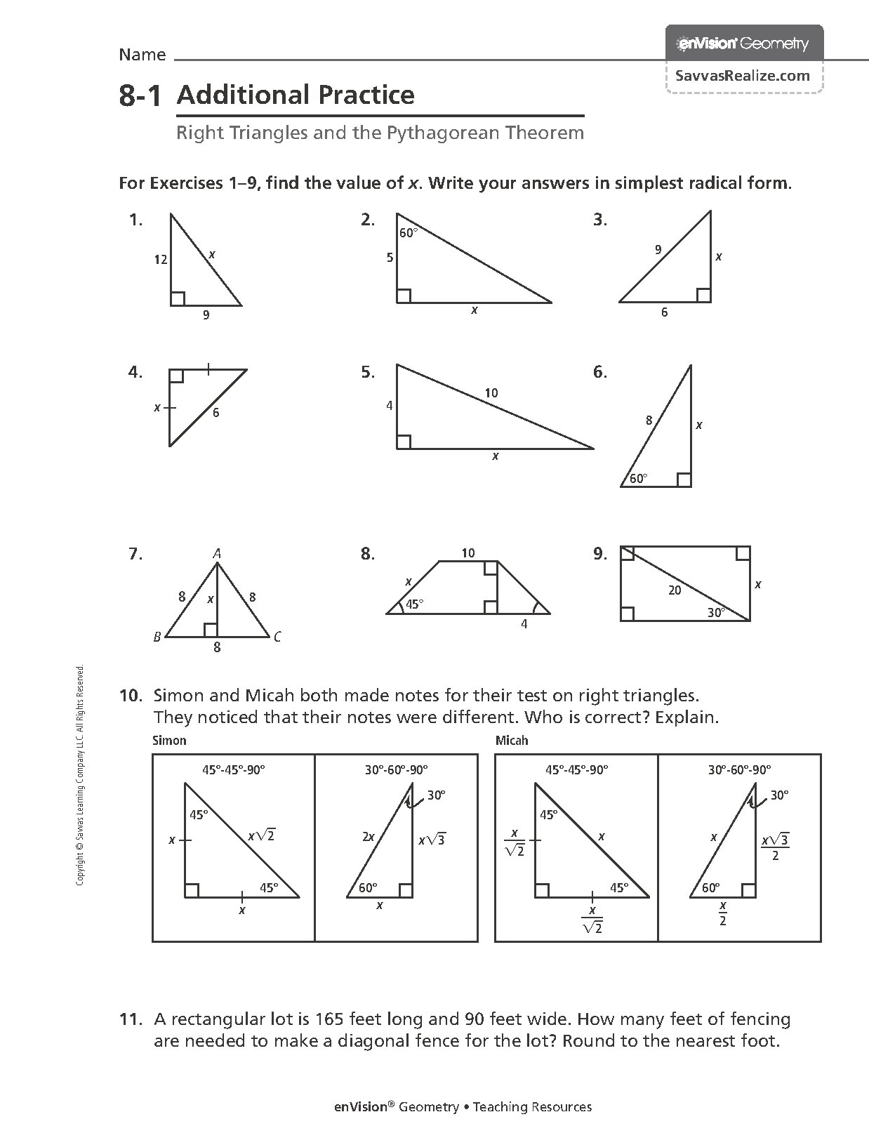 Right Triangles and the Pythagorean Theorem Practice