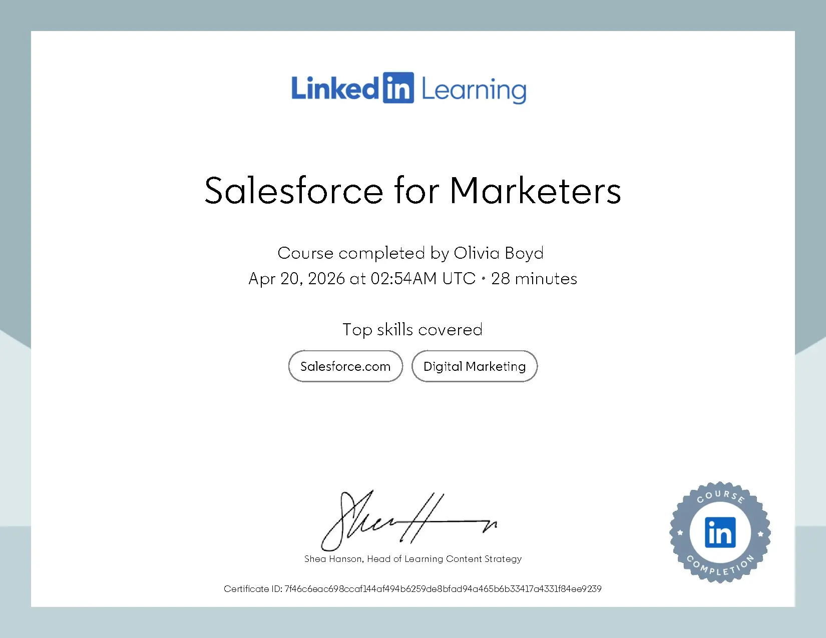 Salesforce for Marketers Course Completion Certificate
