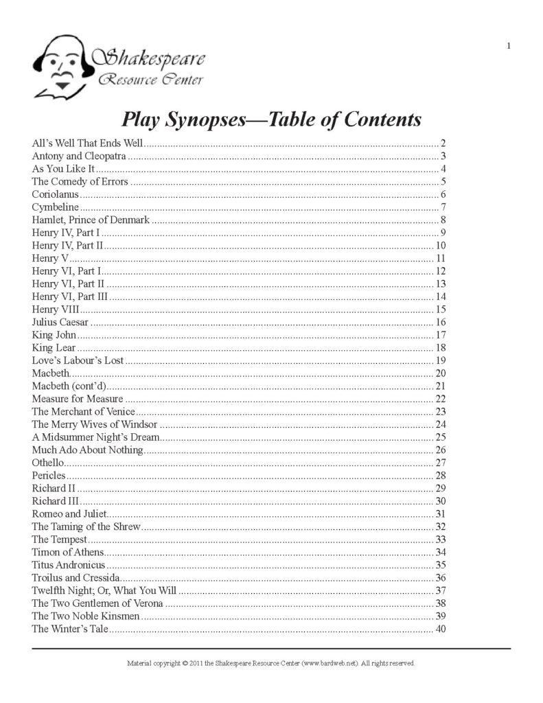 Shakespeare Play Synopses and Character Summaries