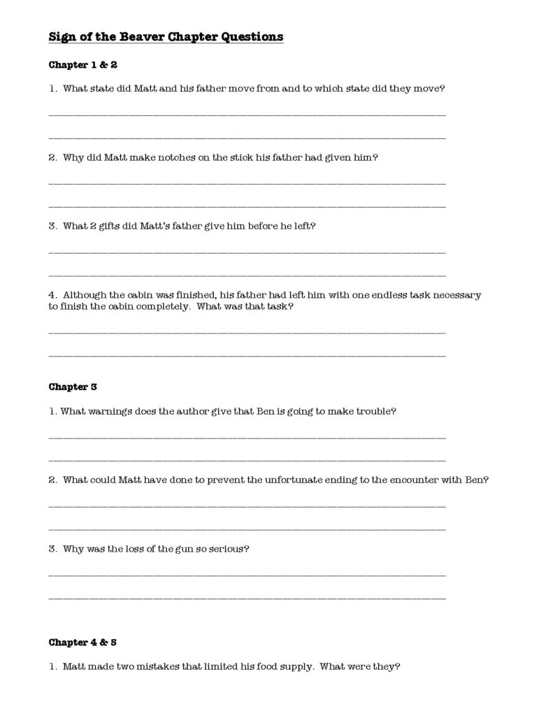 Sign of the Beaver Chapter Questions and Activities