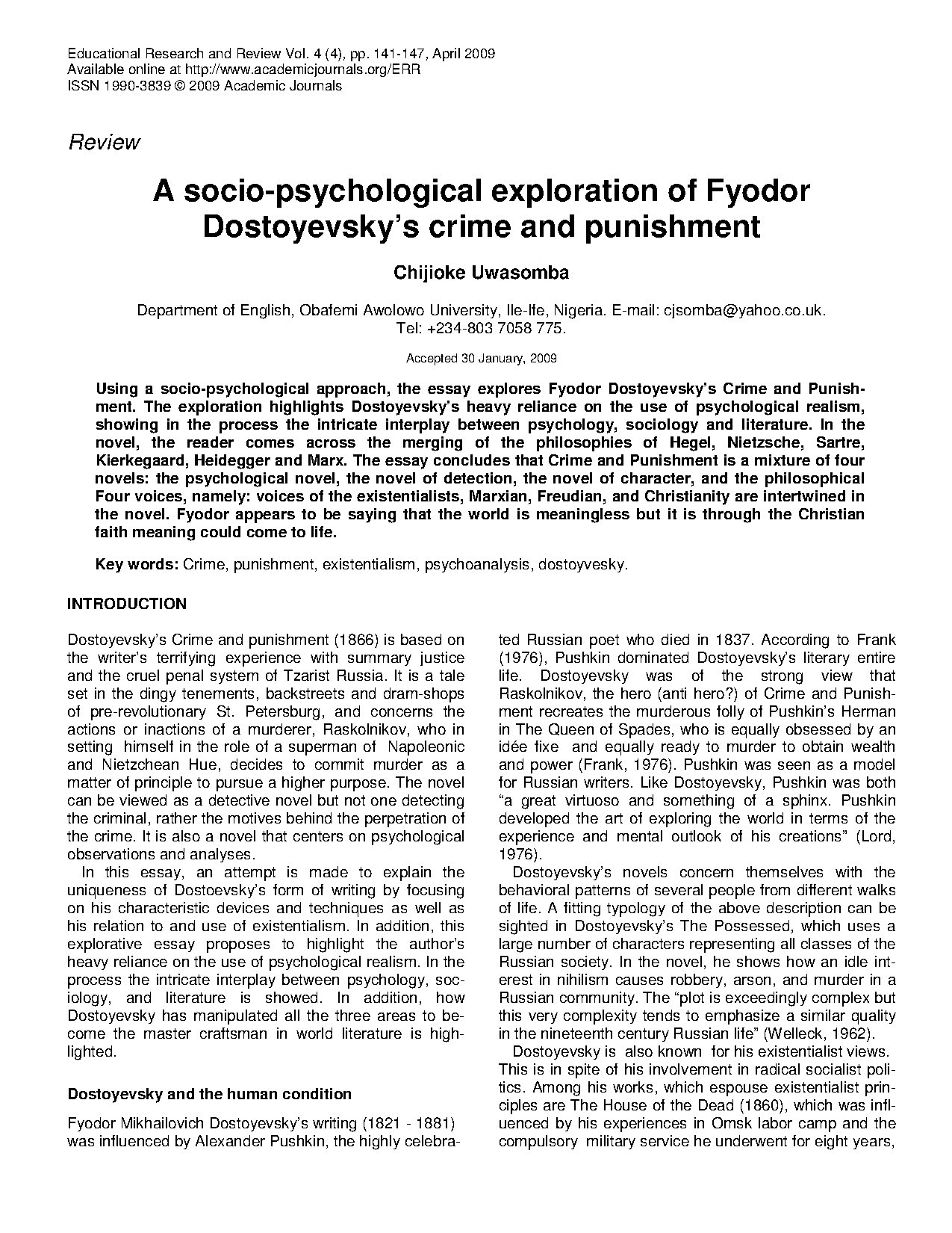 Socio-Psychological Analysis of Dostoyevsky’s Crime and Punishment
