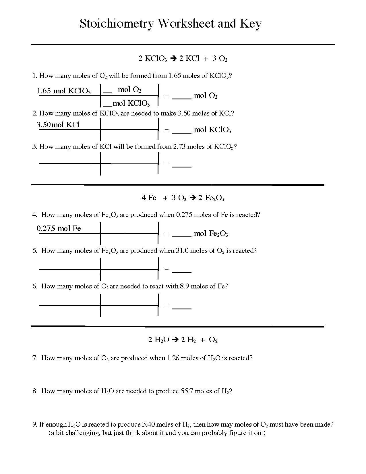 Stoichiometry Worksheet and Answer Key for Chemistry