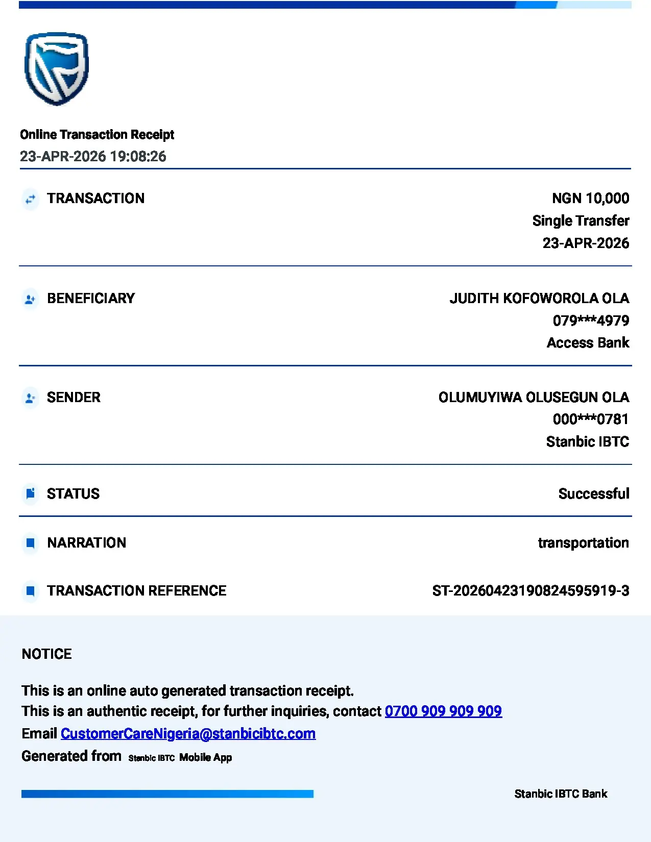 Successful Transfer Receipt to Judith Kofoworola Ola