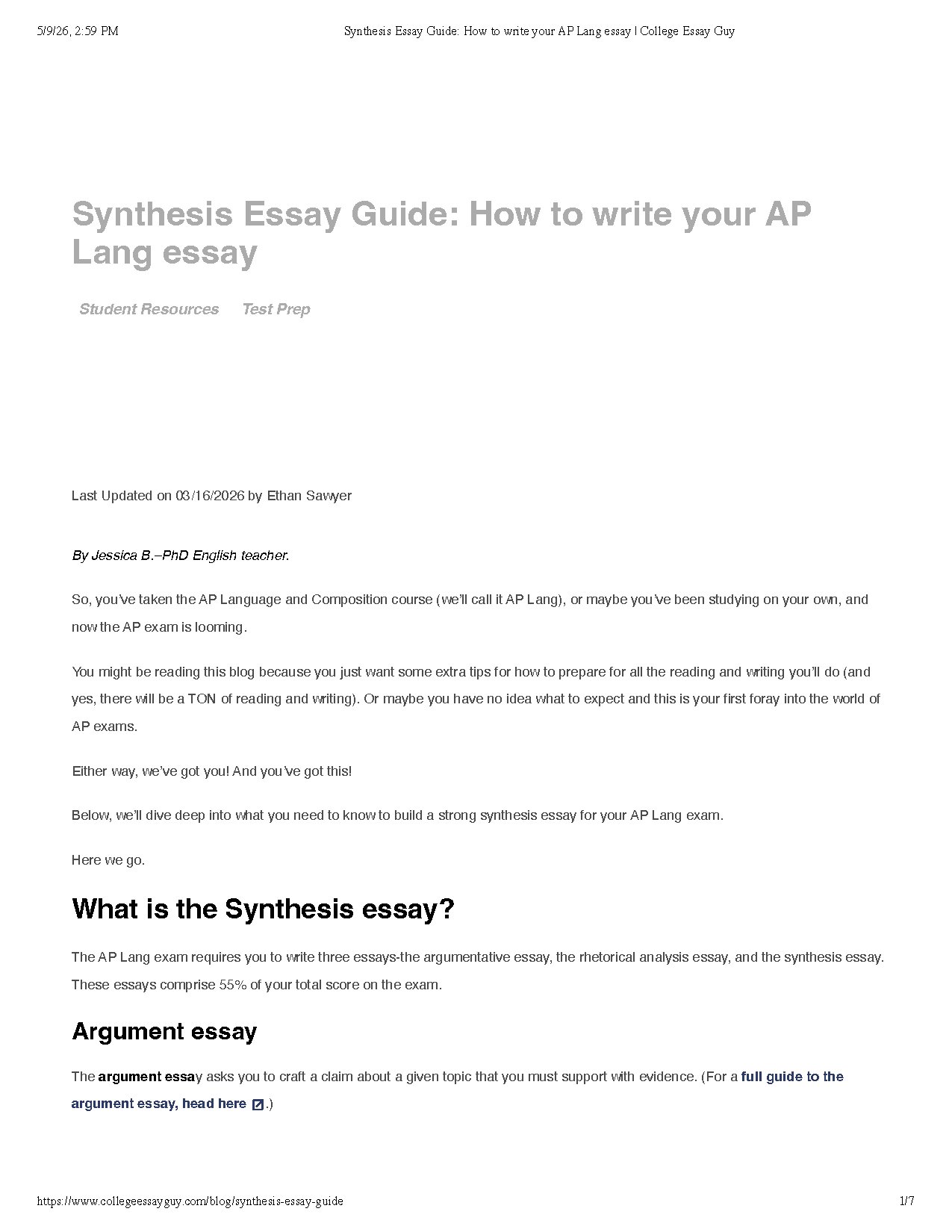 Synthesis Essay Guide for AP Language and Composition