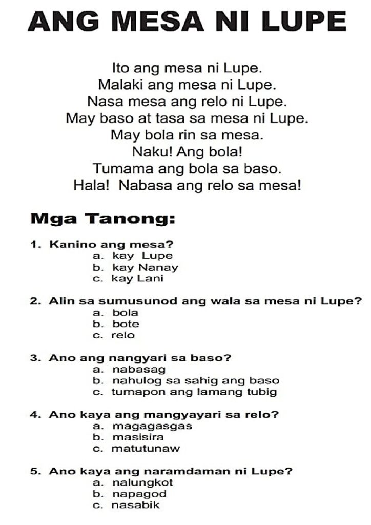 Tagalog Short Stories with Comprehension Questions
