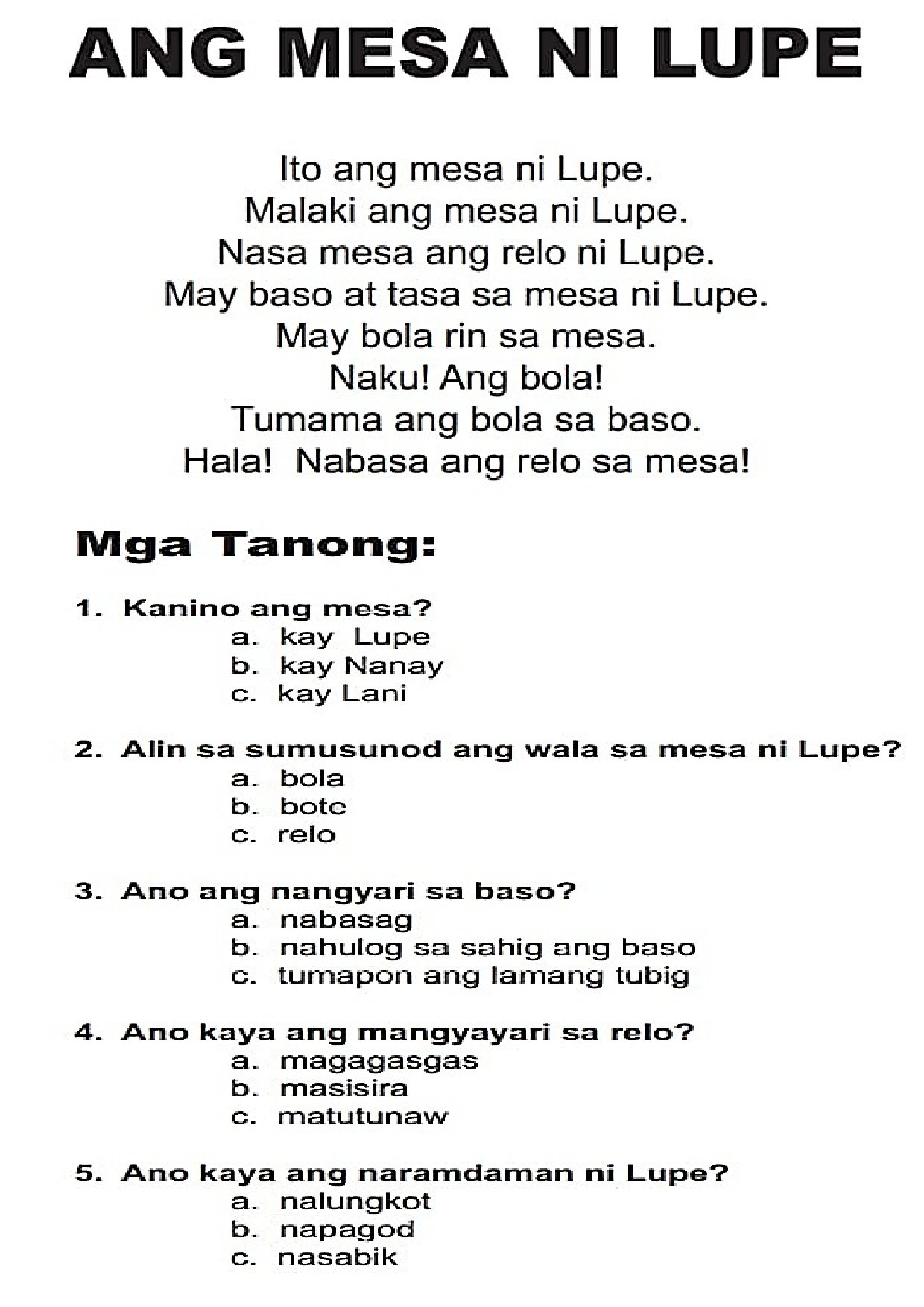 Tagalog Short Stories with Comprehension Questions