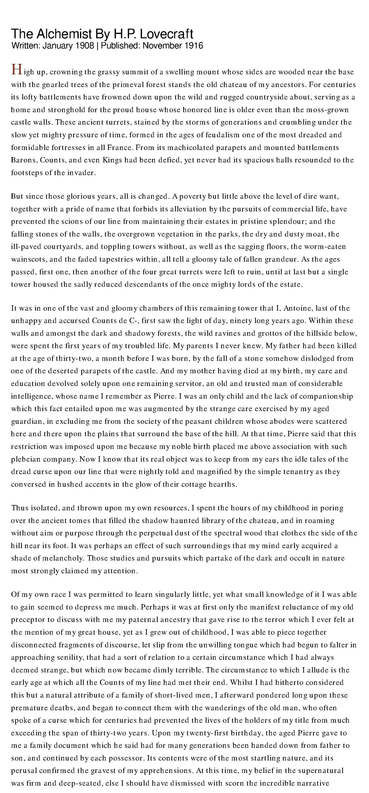 The Alchemist by H.P. Lovecraft
