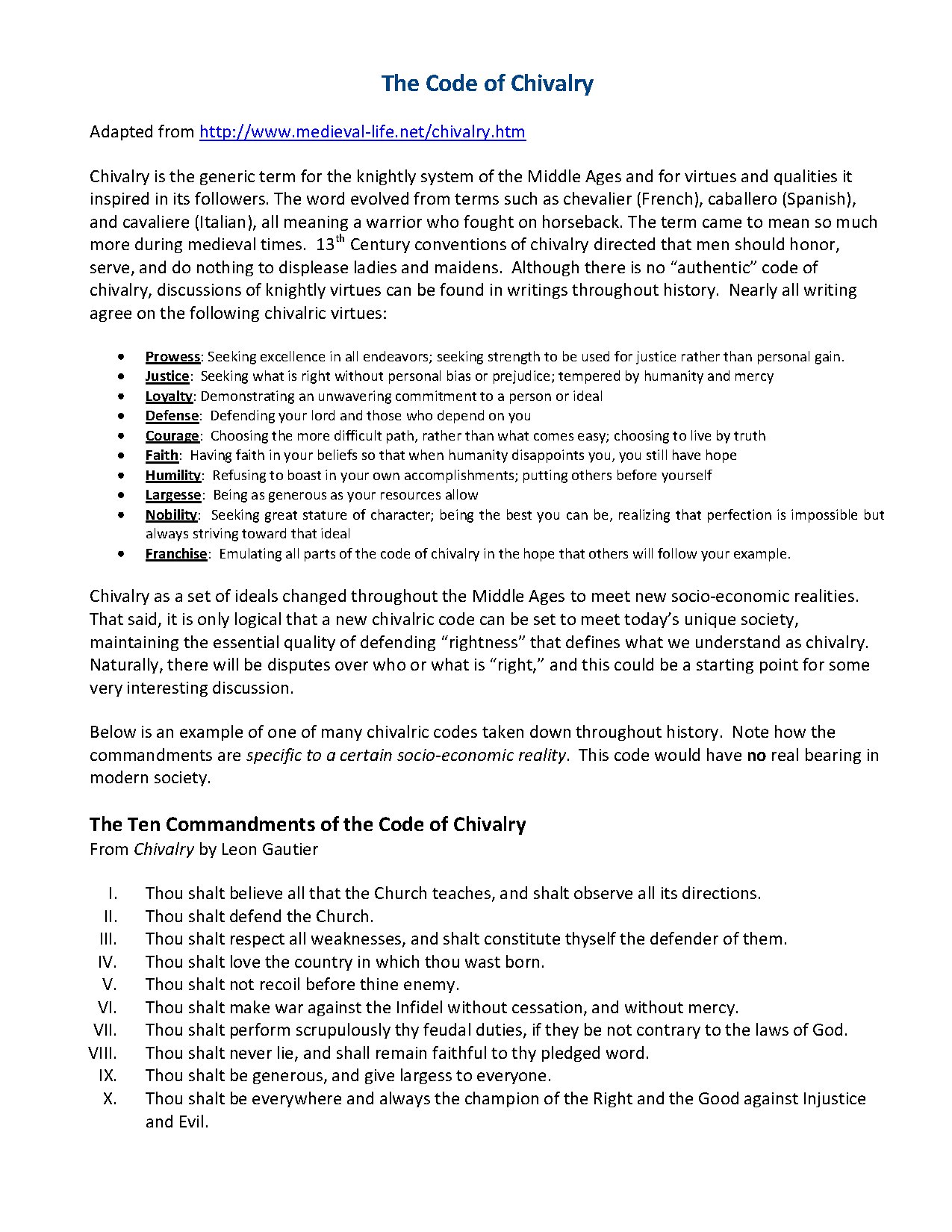 The Code of Chivalry: Principles and Modern Applications