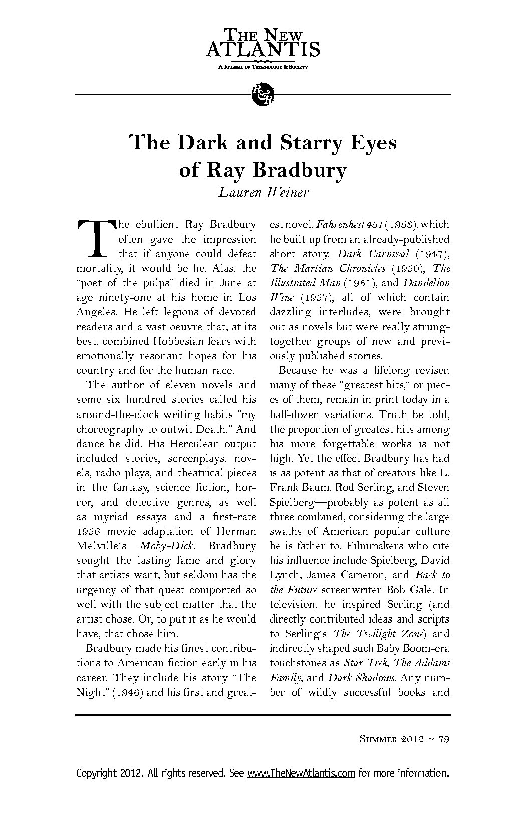 The Dark and Starry Eyes of Ray Bradbury