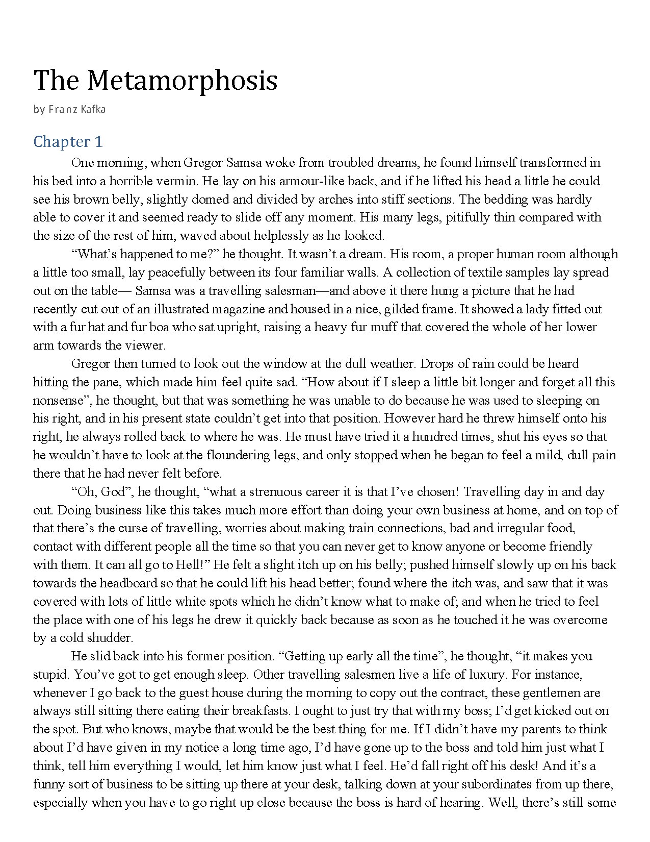 The Metamorphosis by Franz Kafka Chapter 1