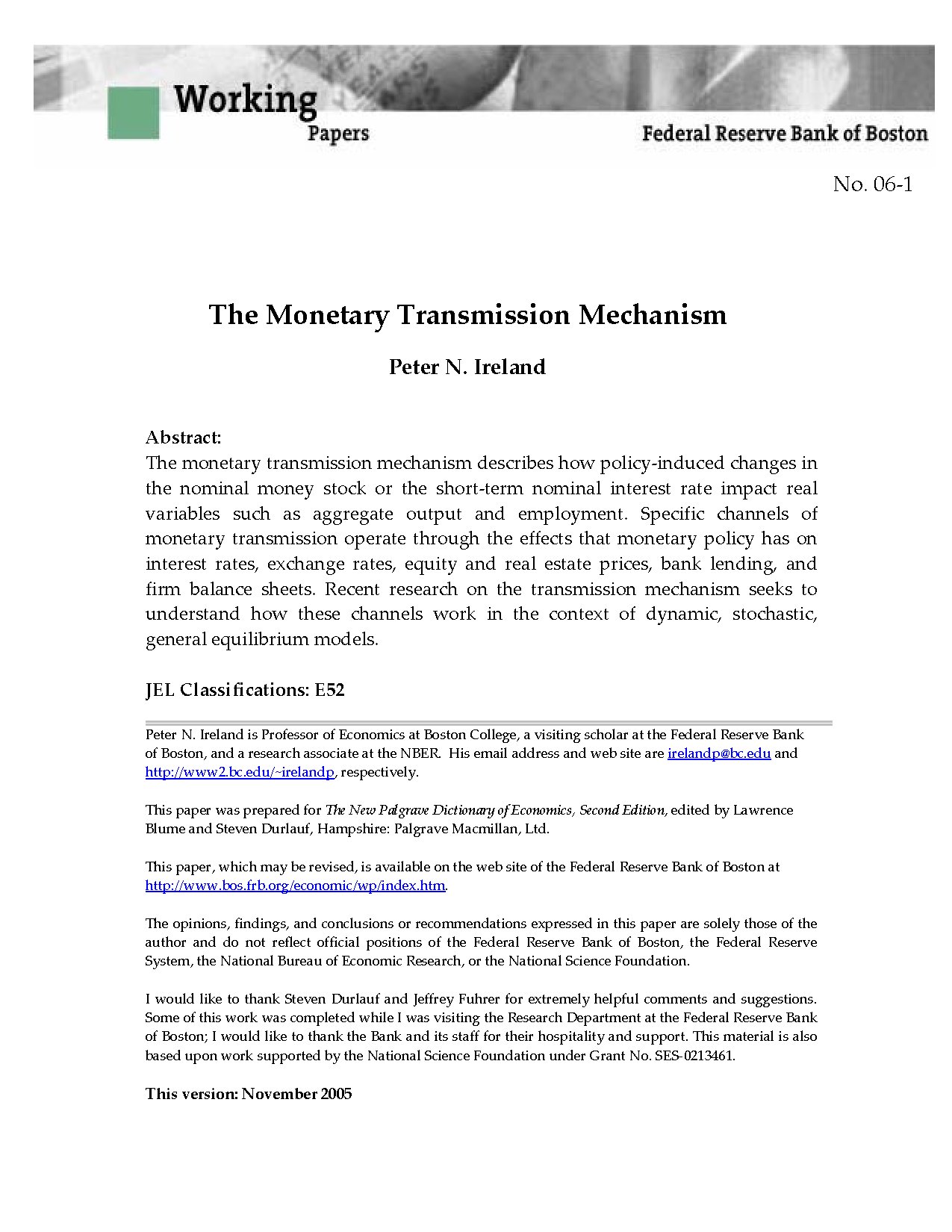 The Monetary Transmission Mechanism by Peter N. Ireland