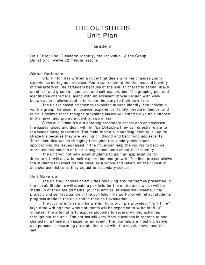 The Outsiders Unit Plan for Grade 8