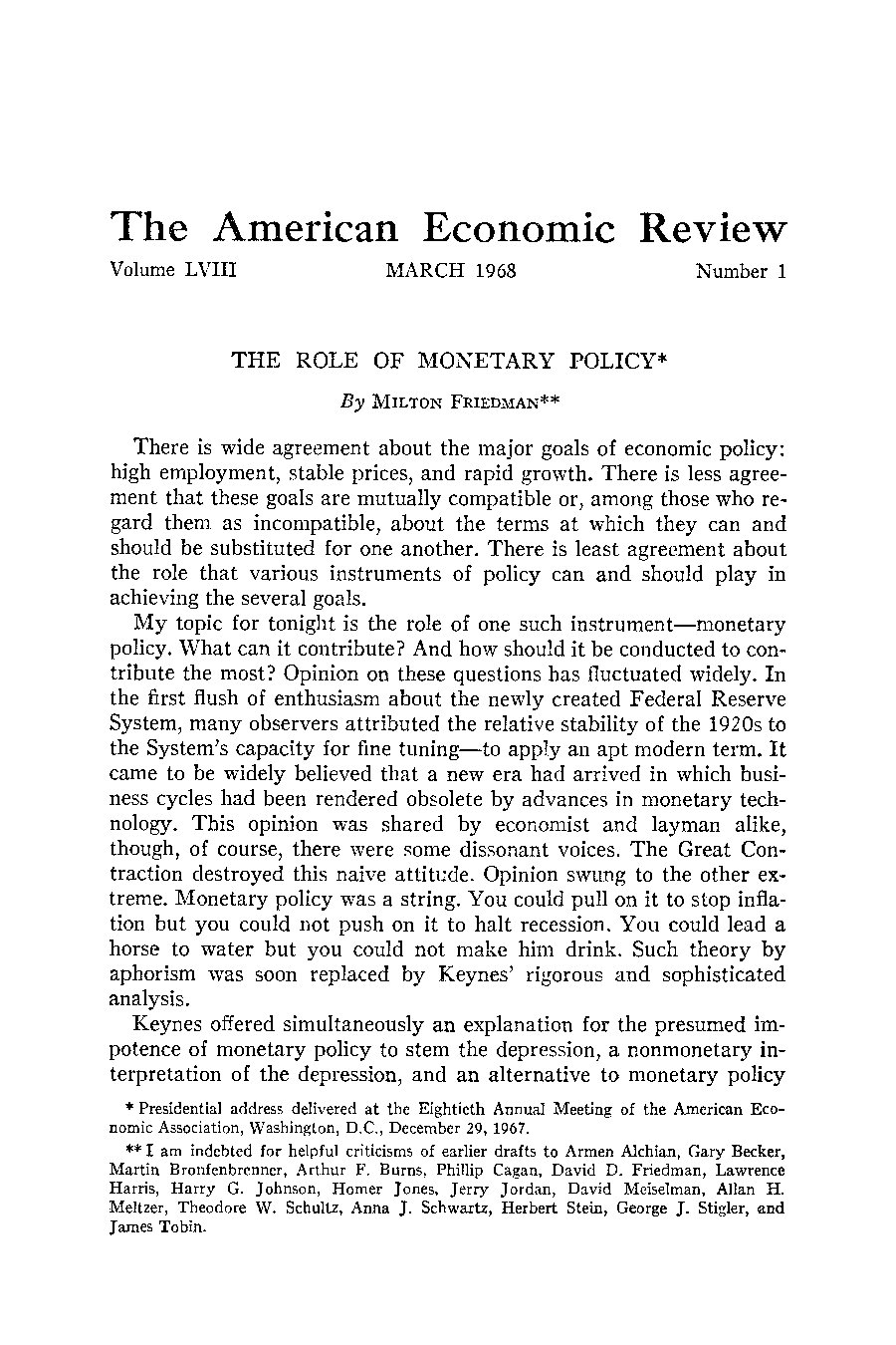 The Role of Monetary Policy by Milton Friedman