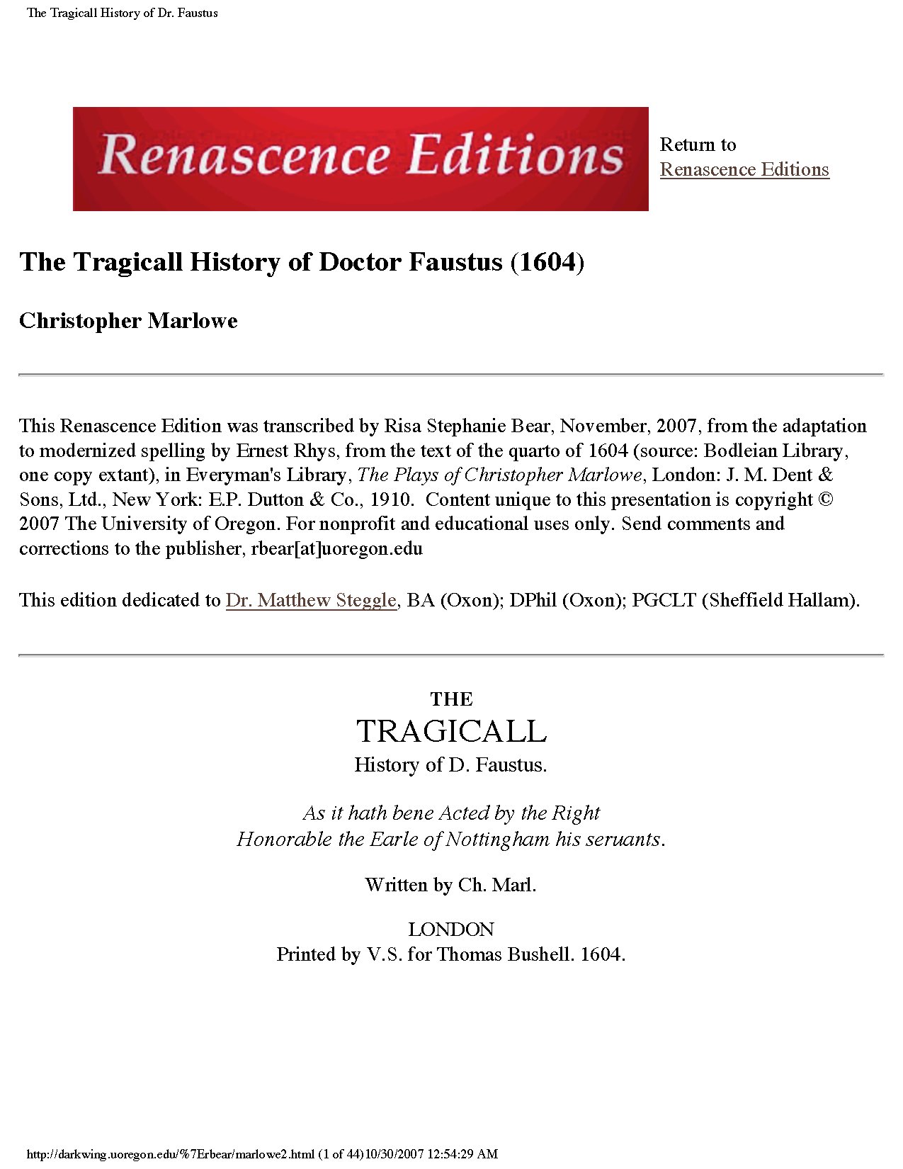The Tragicall History of Dr. Faustus by Christopher Marlowe