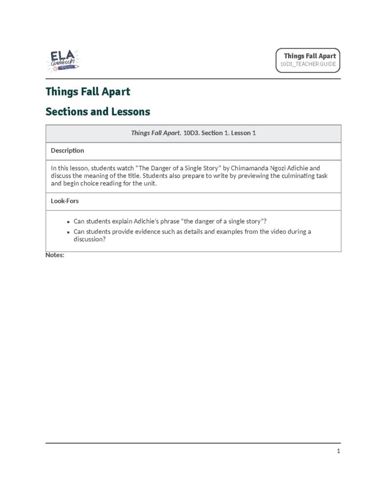 Things Fall Apart Teacher Guide Sections and Lessons