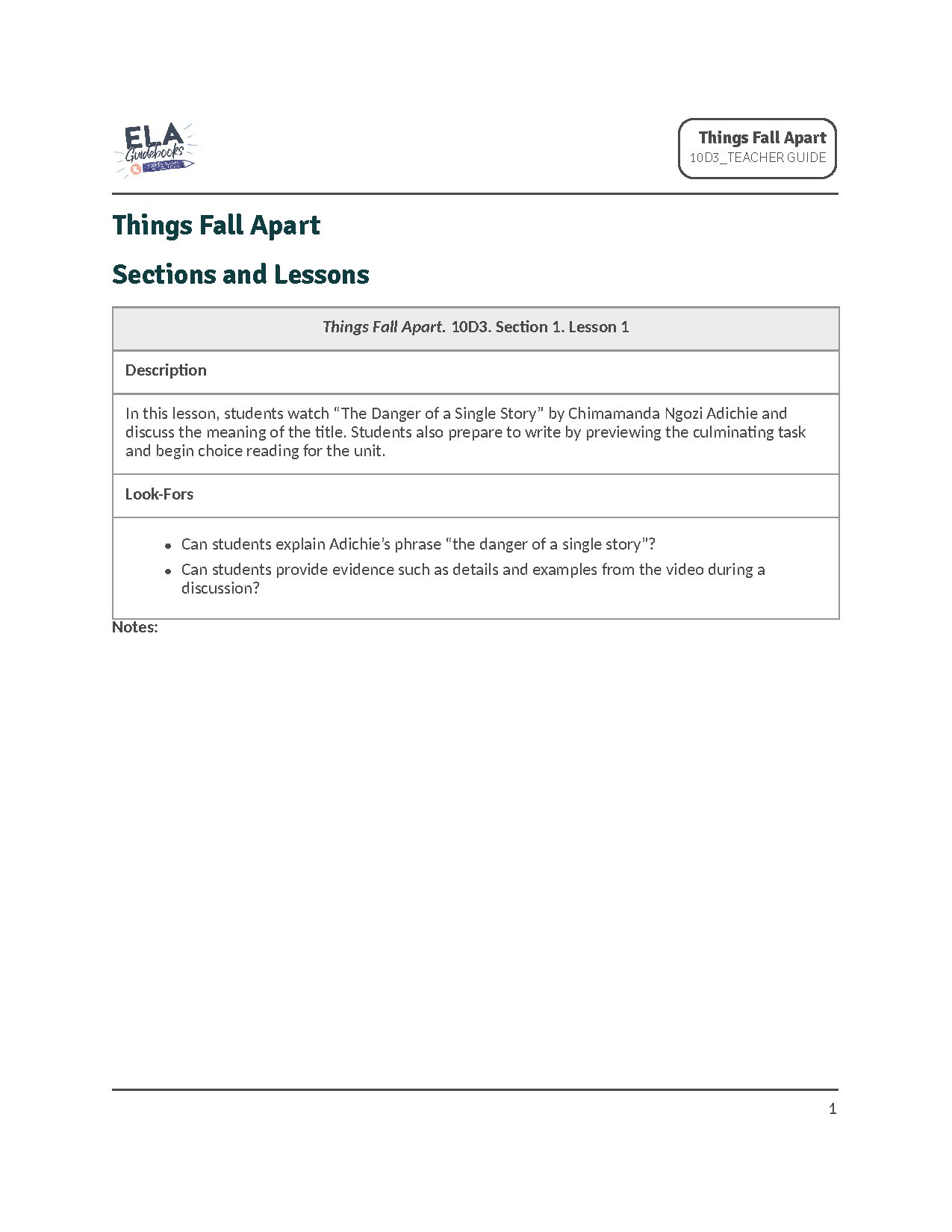 Things Fall Apart Teacher Guide Sections and Lessons