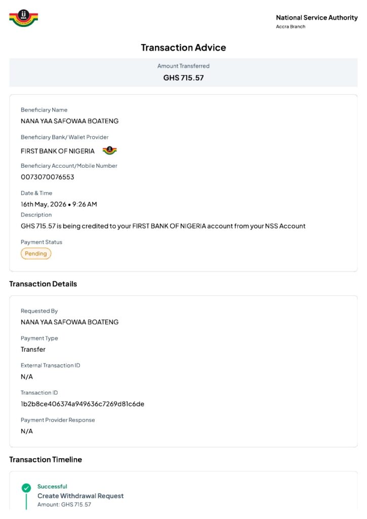 Transaction Advice for Nana Yaa Safowaaboateng - GHS 715.57