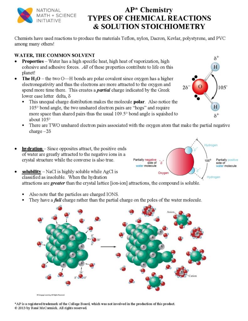 Types of Chemical Reactions and Solution Stoichiometry Key
