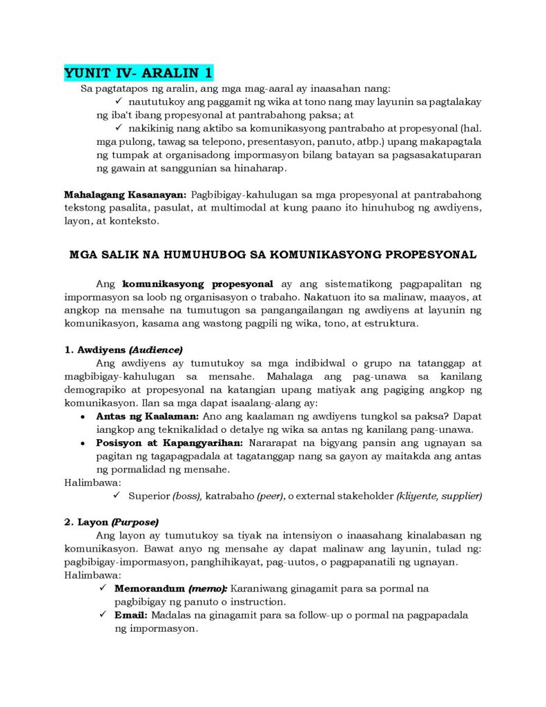 YUNIT IV Aralin 1 at 2 sa Komunikasyong Propesyonal