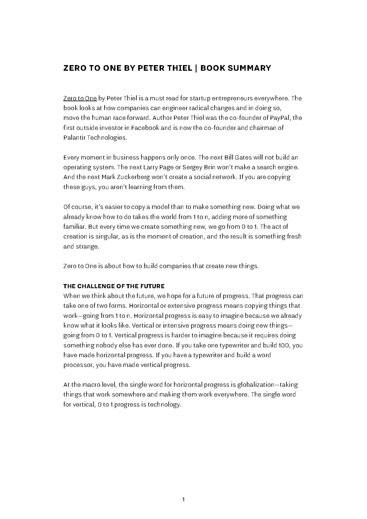 Zero to One by Peter Thiel Summary