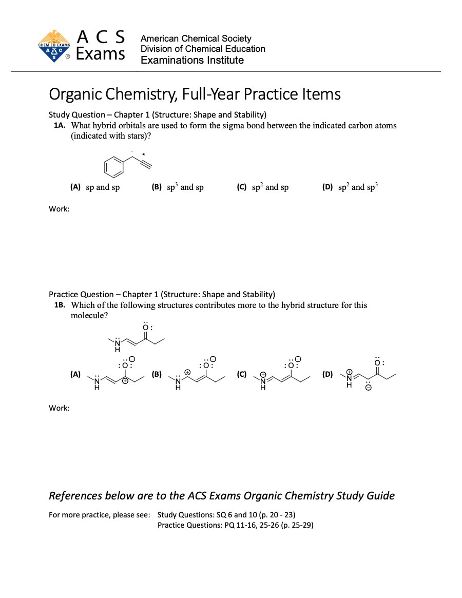 ACS Exams Organic Chemistry Practice Items
