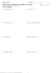 Algebra 1 Extra Practice: Equations with Variable on Both Sides
