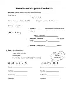 Algebraic Vocabulary Worksheet